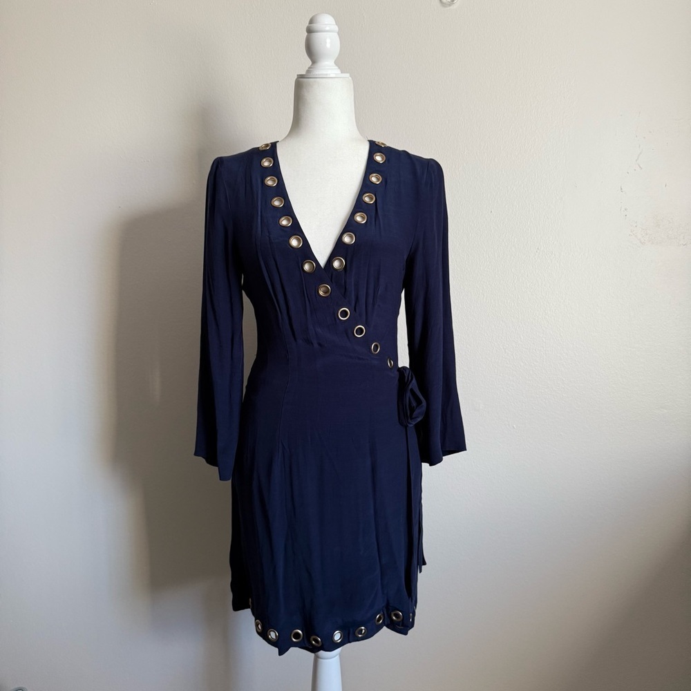 Lovers + Friends Crush Dress Long Sleeve Navy Wrap Dress Mini - Picture 3 of 8